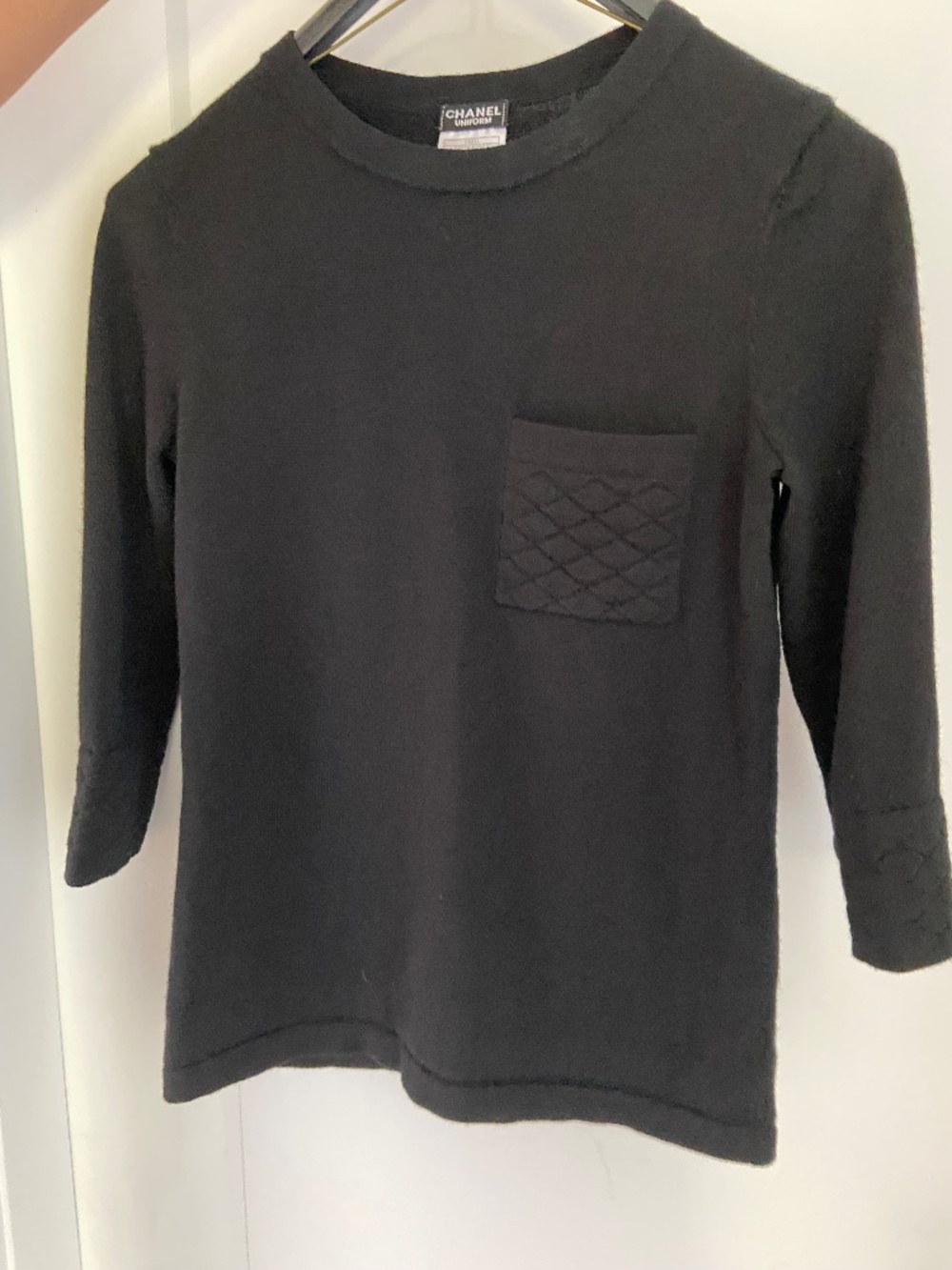 Authentic CHANEL UNIFORM Black Knit Crewneck Sweater XS - Quilted Pocket & Cuffs